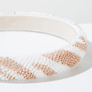 Serre-tête épais en éponge avec perles cousues main à motif rayé blanc et or rose