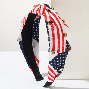 Knot headband with American flag stars and stripes pattern and sparkling rhinestones