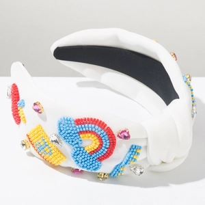 Rainbow beaded wide headband with colorful rhinestones and handmade fabric knot