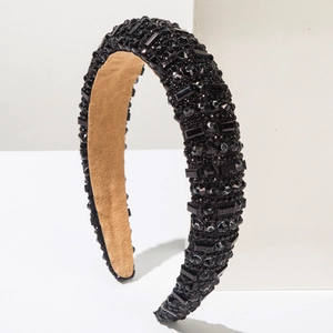 Serre-tête rembourré de luxe orné de strass noirs étincelants et de perles de fête