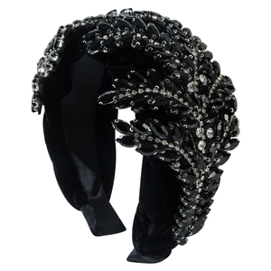 Serre-tête de luxe en velours noir tressé avec feuilles de strass étincelantes