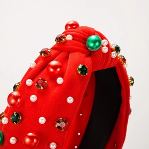 Christmas knotted headband with red and green pearls and rhinestones on fabric base