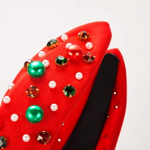 Christmas wide headband with red fabric, green pearls and rhinestones decoration