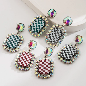Vintage Legierung Schachbrett Ohrringe Mit Strass-Rand Geometrische Quadratische Hänger Ohrringe Für Damen Modeschmuck