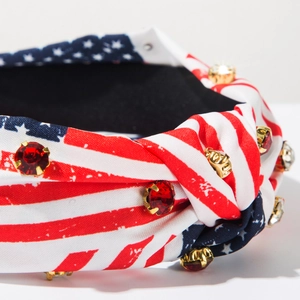 Detail of USA flag knotted headband featuring sparkling red and clear rhinestones
