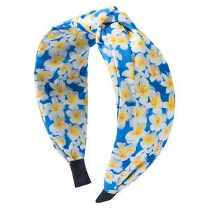 Blue knotted headband with yellow and white plumeria floral print on a white background