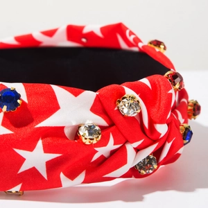 Independence Day headband with red star fabric and sparkling multicolor rhinestones decoration