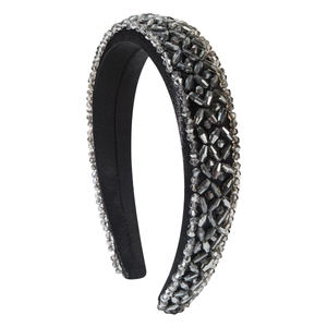 Luxury Baroque headband with hand-sewn grey and silver crystal beads on black satin base