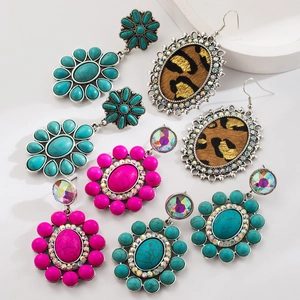 Boheemse Western Lederen Oorbellen Kunstmatige Turkoois Luipaardprint Legering Strass Oorbellen Retro Statement Sieraden Voor Vrouwen