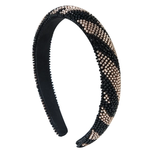 Serre-tête perlé fait main avec motifs géométriques champagne et noir sur bandeau large