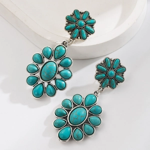 Vintage western lederen oorbellen met turquoise bloem voor dames in boho-stijl