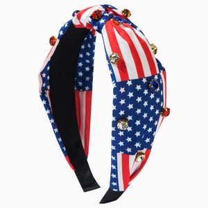 USA flag knotted headband with red blue and clear rhinestones for Independence Day