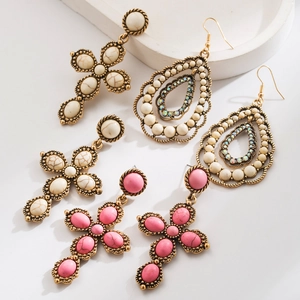 Vintage Boho Alloy Cross Dangle Earrings With Faux Turquoise Inlay Retro Gold Ethnic Geometric Drop Earrings For Women