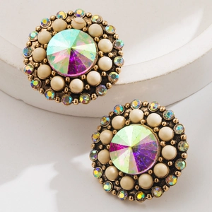 Vintage western ethnic earrings with rainbow crystal and faux pearls on gold metal