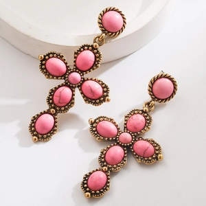 Vintage gold cross earrings featuring pink faux turquoise stones and bead trim details
