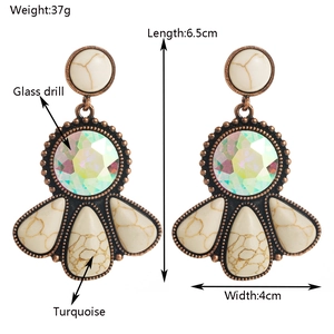 Vintage western turquoise teardrop earrings with colorful glass drill and bronze finish