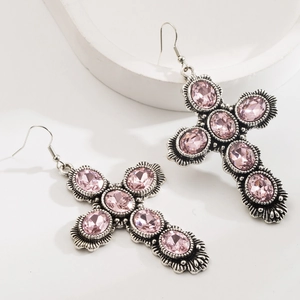 Orecchini a croce retrò con pietre di vetro rosa e montatura in argento lucido