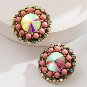 Vintage western style round turquoise stud earrings with AB rhinestones and gold finish