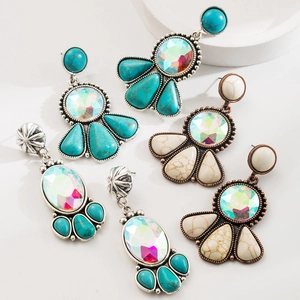 Vintage Bohemian Alloy Turquoise Dangle Earrings Ethnic Style Rhinestone Inlaid Geometric Water Drop Jewelry For Women Party