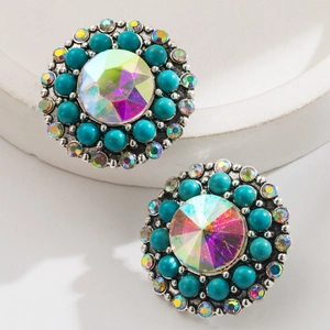 Macro detail of retro bohemian stud earrings featuring iridescent crystal and turquoise beads