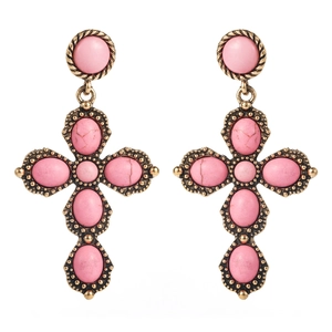 Bohemian cross drop earrings with pink turquoise stones in vintage gold finish