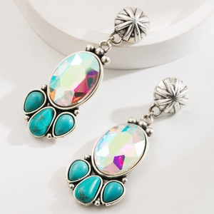 Vintage western style turquoise drop earrings with iridescent crystals in silver finish