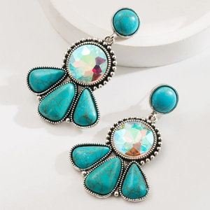 Vintage western turquoise drop earrings with iridescent crystal and silver metal detail