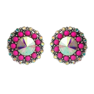 Ethnic bohemian style round stud earrings with rainbow crystal and pink beads on silver base