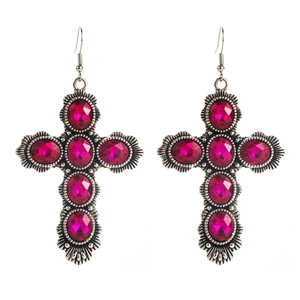 Orecchini a croce gotici con pietre preziose rosse e finitura argento vintage