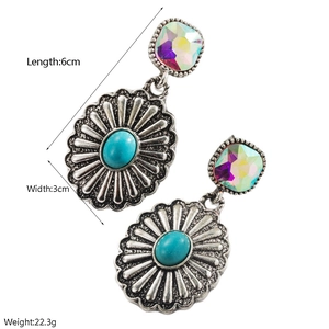 Détail des boucles d'oreilles western vintage montrant la pierre turquoise et la taille 6cm