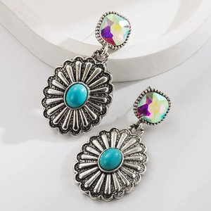 Boucles d'oreilles pendantes style western avec turquoise et strass en métal argenté