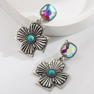 Boucles d'oreilles style western avec strass irisés et croix turquoise en argent vieilli