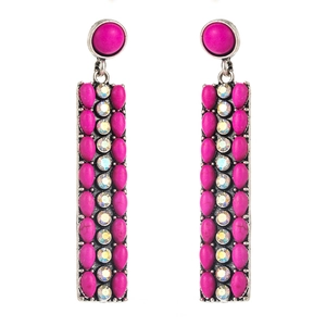 Bohemian fuchsia stone drop earrings with vintage silver alloy and rhinestone accents
