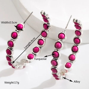Bohemian retro alloy hoop earrings with pink turquoise stones 4cm diameter for women