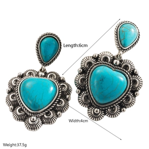 Detailed view of bohemian turquoise earrings showing 6cm length and 4cm width dimensions