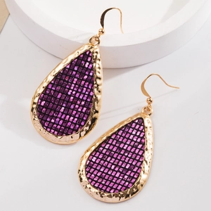 Sparkly purple sequin teardrop earrings with hammered gold metal frames for party wear