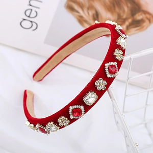 Serre-tête baroque en velours rouge avec strass et fleurs de perles pour femme