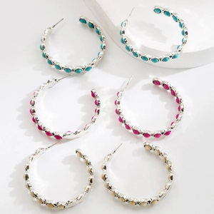 Vintage Alloy Turquoise Hoop Earrings For Women Bohemian Hammered Texture Geometric C Shape Jewelry Daily Party Accessory