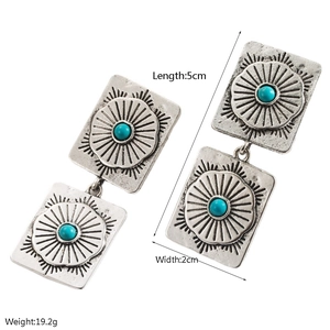 Bohemian silver square earrings with turquoise stones, vintage western style for women