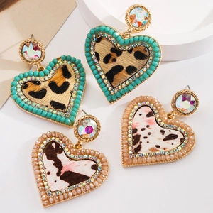 Vintage Legierung Herz Ohrhänger Leopard Kuh Tierdruck Kunstleder Strass Perle Tropfen Ohrringe Für Damen Schmuck