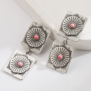 Western bohemian silver layered square earrings with pink turquoise stones and engravings