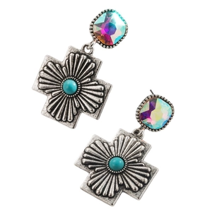 Boucles d'oreilles western avec strass irisés, breloques croix et perles turquoise