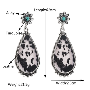 Vintage teardrop earrings with leopard print leather, turquoise stones and alloy sun motifs