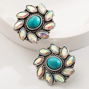 Orecchini vintage boho con turchese, design a girasole e strass con riflessi arcobaleno