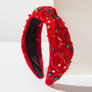 Roter Samt Weihnachts-Haarreif mit Pailletten und Perlen auf weißem geometrischen Dekor