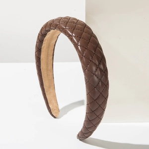 Brown quilted leather wide headband with vintage padded diamond pattern for women