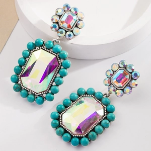 Boucles d'oreilles bohèmes avec cristaux AB, perles turquoise et finition argent antique