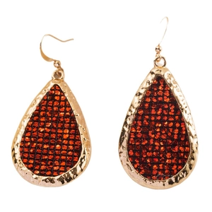 Fashion drop earrings with gold hammered finish and red sequins behind black honeycomb mesh