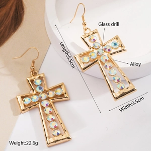 Pendientes de cruz dorados con cristales, 5,5 cm de largo, joyas elegantes para fiestas