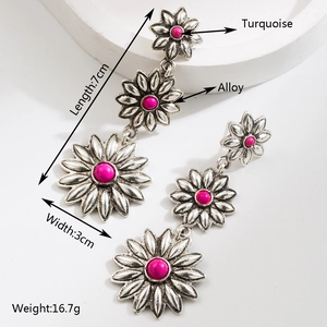 Boucles d'oreilles vintage en alliage avec fleurs, turquoise et accents blancs
